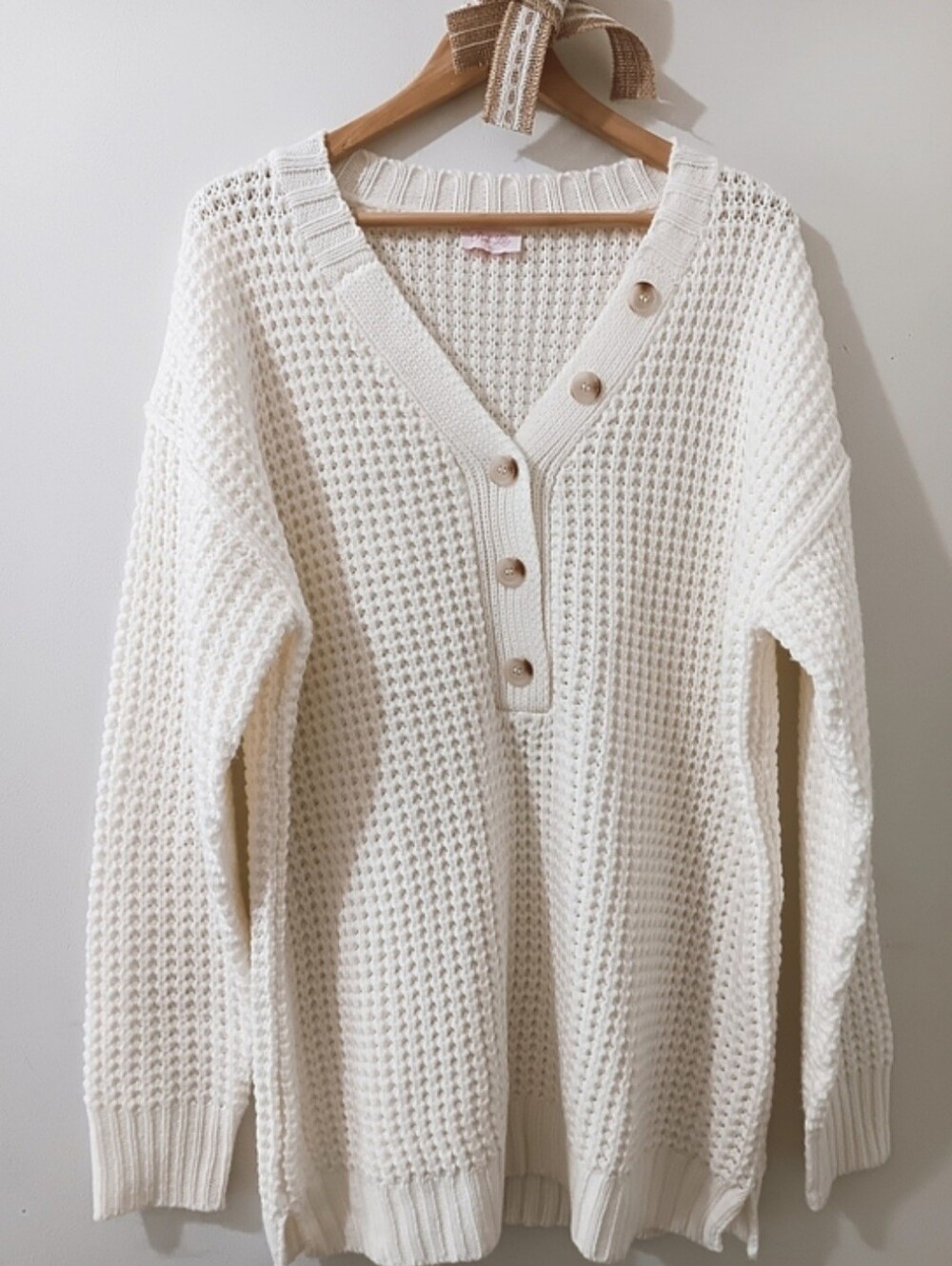 Pink Lily Neutral Ivory Cream Cozy Henley VNeck Waffle Knit Button Front Sweater